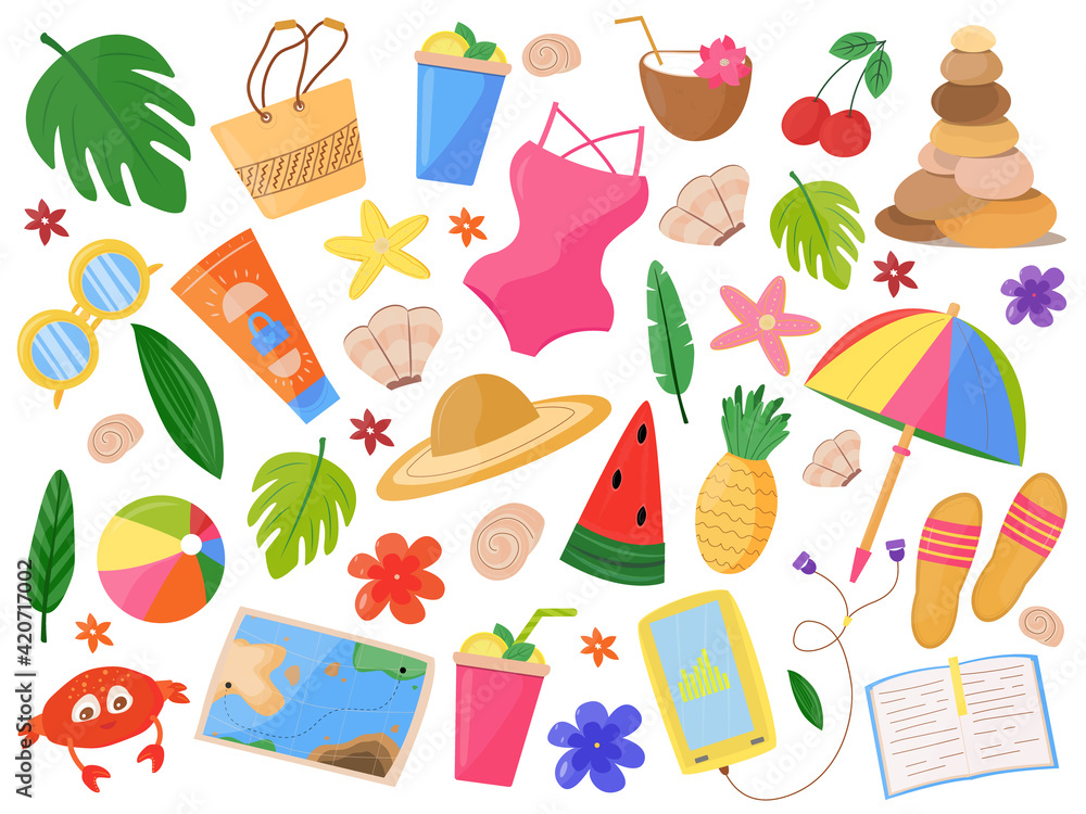 set of summer beach elements. Tropical monstera leaves, swimwear, clothing, care, entertainment. Isolated objects of sea vacation. Vector illustration cartoon style set of summer beach elements. Tropical monstera leaves, swimwear, clothing, care, entertainment. Isolated objects of sea vacation. Vector illustration cartoon style