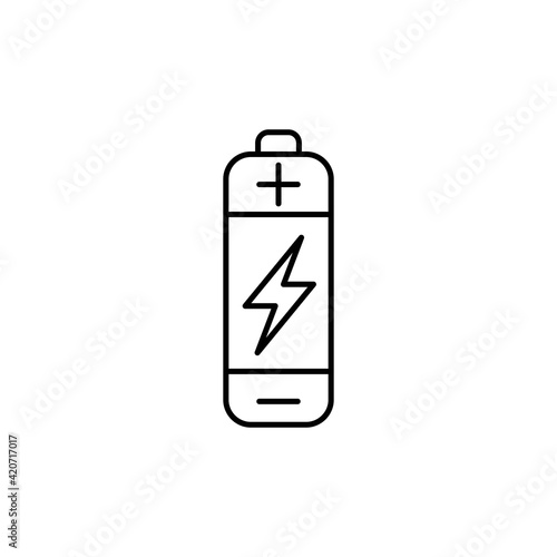 Battery line icon in black. Charge concept. Simple accumulator illustration or symbol on isolated white background. Flat style for app, graphic design, infographic, web site, ui, ux. Vector EPS 10