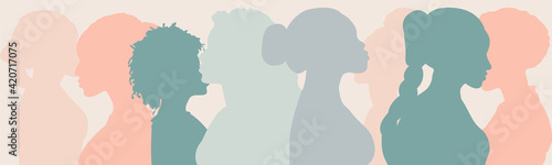Silhouette group of multiethnic women and man who talk and share ideas and information. Communication and friendship women or girls of diverse cultures. Women social network community. Speak	