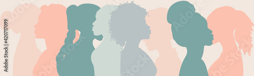 Silhouette group of multiethnic women and man who talk and share ideas and information. Communication and friendship women or girls of diverse cultures. Women social network community. Speak	