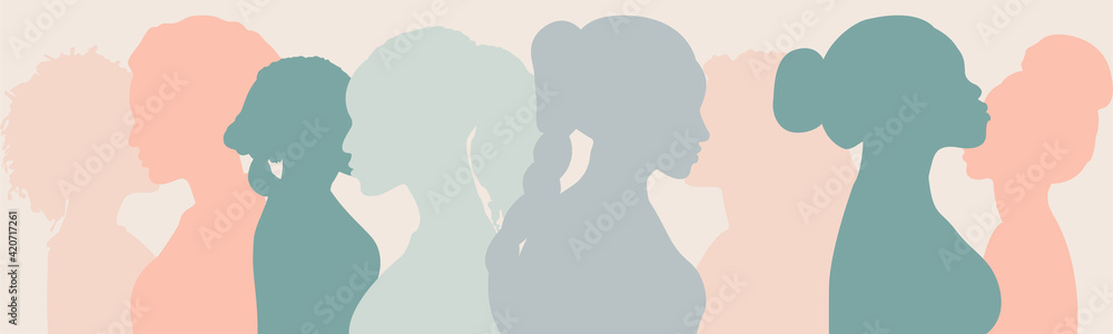 Silhouette group of multiethnic women and man who talk and share ideas and information. Communication and friendship women or girls of diverse cultures. Women social network community. Speak Silhouette group of multiethnic women and man who talk and share ideas and information. Communication and friendship women or girls of diverse cultures. Women social network community. Speak