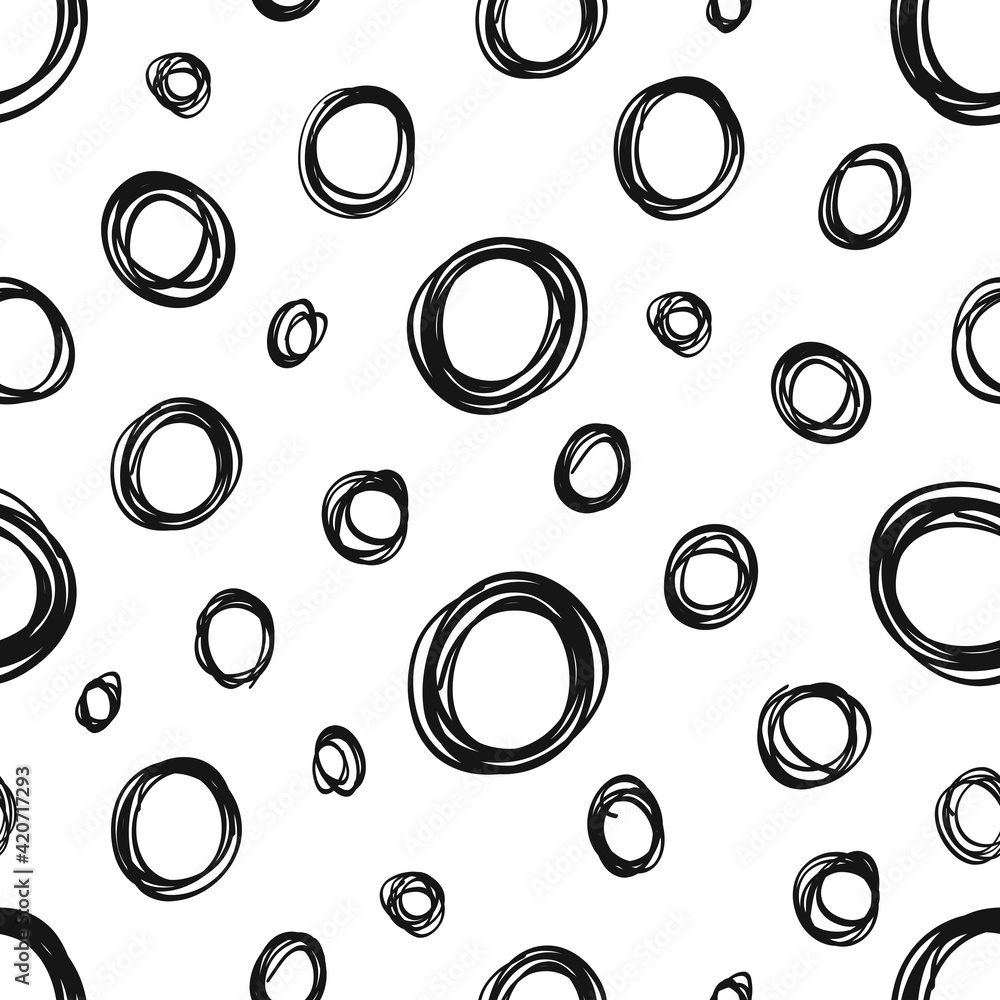 Scribble circles hand drawn seamless vector pattern. Chaotic rings ink dirty texture.