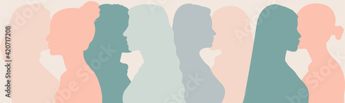 Silhouette group of multiethnic women and man who talk and share ideas and information. Communication and friendship women or girls of diverse cultures. Women social network community. Speak	