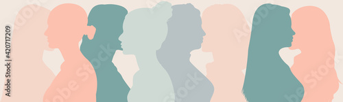 Silhouette group of multiethnic women and man who talk and share ideas and information. Communication and friendship women or girls of diverse cultures. Women social network community. Speak	