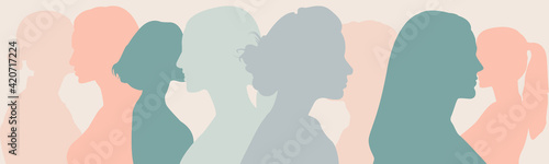 Silhouette group of multiethnic women and man who talk and share ideas and information. Communication and friendship women or girls of diverse cultures. Women social network community. Speak	