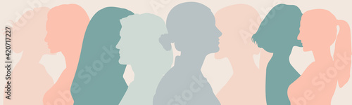 Silhouette group of multiethnic women and man who talk and share ideas and information. Communication and friendship women or girls of diverse cultures. Women social network community. Speak	