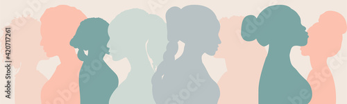Silhouette group of multiethnic women and man who talk and share ideas and information. Communication and friendship women or girls of diverse cultures. Women social network community. Speak	