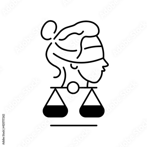 Themis black line icon. A woman with blindfolds and scales of justice. Isolated illustration on white background Trendy flat for app, graphic design, infographic, web, site, ui, ux. Vector EPS 10