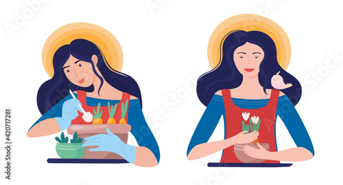 Flat illustration set girl plants and have bulbous plants flowers crocuses. Hobby gardening.