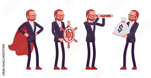 Businessman, red haired office worker with spy glass, navigation wheel. Manager in smart formal wear, administrative person. Vector flat style cartoon illustration isolated on white background