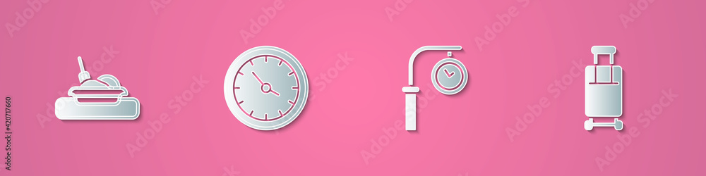 Set paper cut Plate with food, Train station clock, and Suitcase icon. Paper art style. Vector Set paper cut Plate with food, Train station clock, and Suitcase icon. Paper art style. Vector