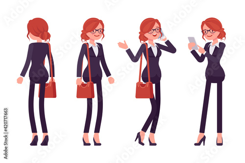 Businesswoman, young red haired office worker standing. Manager in smart formal wear, administrative person, corporate employee. Vector flat style cartoon illustration isolated on white background