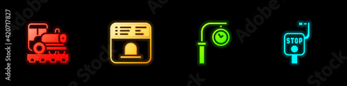 Set Vintage locomotive  Ticket office to buy tickets  Train station clock and Emergency brake icon. Vector