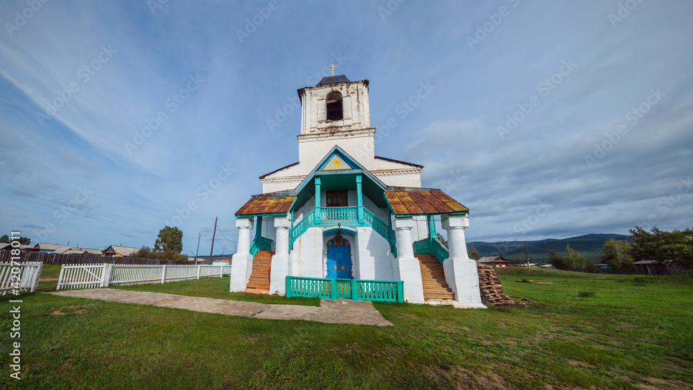 Barguzinsky district of Buryatia, Chitkan village. Nativity of Christ Church in the center of the valley. The Orthodox Church was built in 1829-1839.