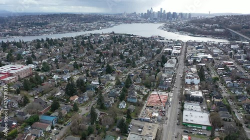 Cinematic aerial drone footage of Wallingford, Freemont, Meridian, Eastlake, Westlake, Northlake, Lake Union, residential Seattle neighborhoods near downtown Seattle, Washington photo