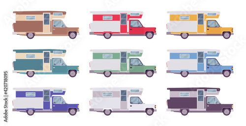 Campervan, motorhome car for camp and tourism. Auto, large motor vehicle with living accommodation, automobile service. Vector flat style cartoon illustration isolated on white background, side view