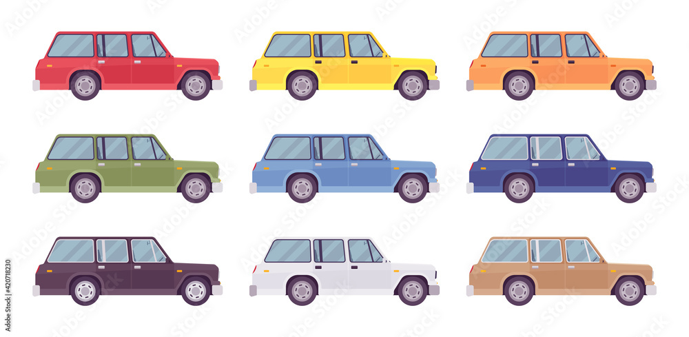 Station wagon, estate car bright set, automobile. Family and business vehicle, corporate service or delivery auto. Vector flat style cartoon illustration isolated on white background, side view