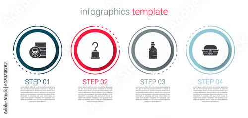 Set Pirate coin, hook, Alcohol drink Rum and Sailor hat. Business infographic template. Vector