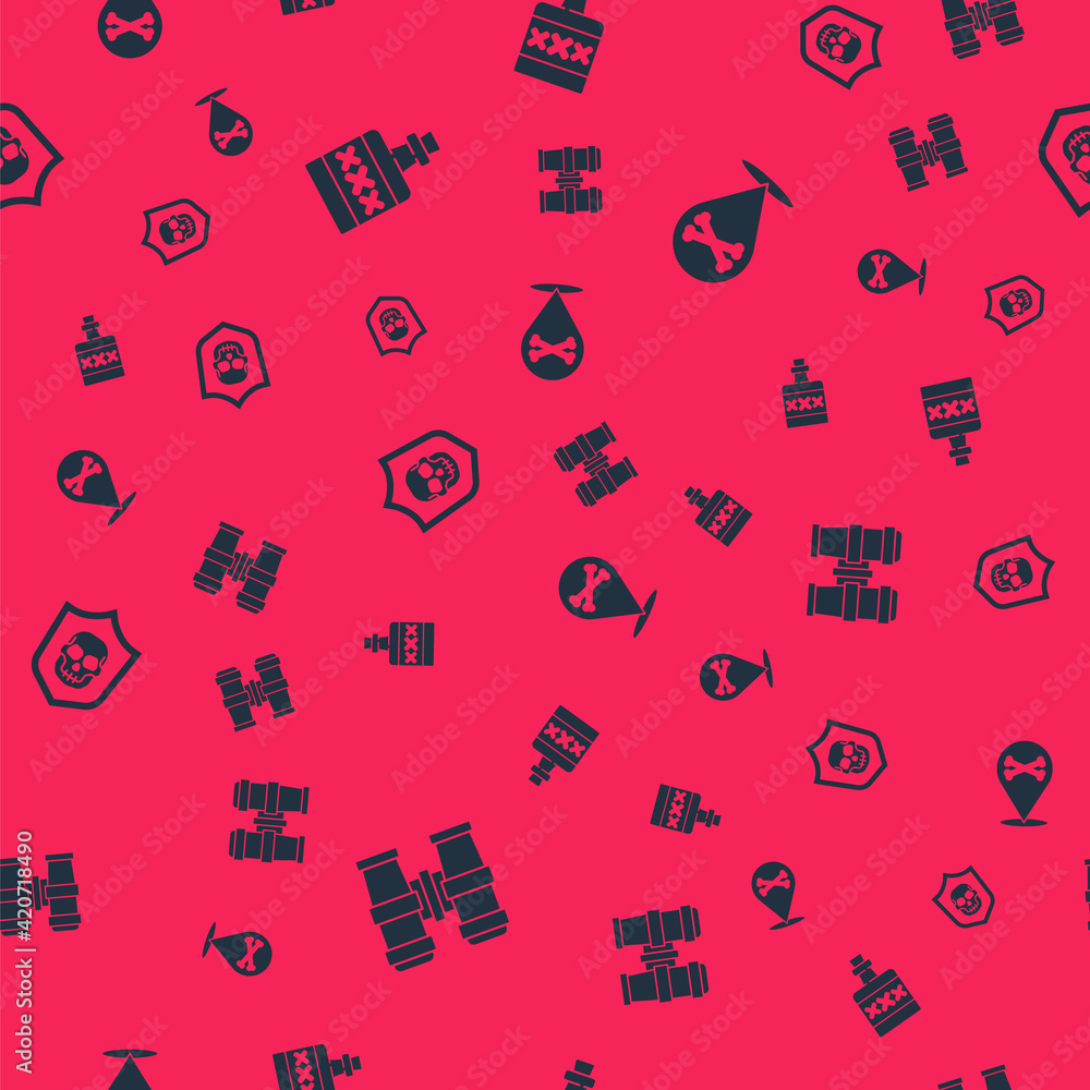 Set Binoculars, Alcohol drink Rum, Shield with pirate skull and Location on seamless pattern. Vector Set Binoculars, Alcohol drink Rum, Shield with pirate skull and Location on seamless pattern. Vector