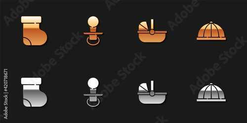 Set Baby socks clothes, dummy pacifier, stroller and hat icon. Vector