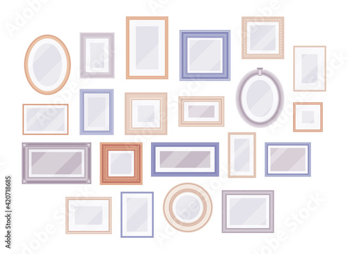 Picture, photo round, oval, light square frames, home, office wall. Different format beautiful wall hanging exhibition decoration set. Vector flat style cartoon illustration isolated, white background