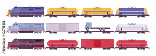 Rail Freight colorful train, cargo or goods industrial set. Powerful bright color railroad engine transporting heavy wagons, logistics. Vector flat style cartoon illustration isolated white background
