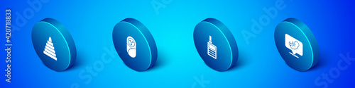 Set Isometric Pyramid toy, Baby Monitor Walkie Talkie, and Newborn baby infant swaddled icon. Vector