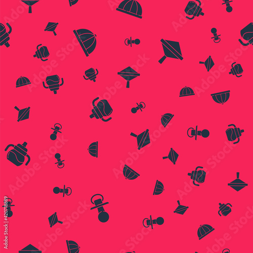 Set Baby dummy pacifier, hat, bottle and Whirligig toy on seamless pattern. Vector