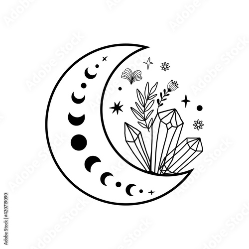 Crystal moon phase crystal flowers tattoo. Magic celestial coloring page. Mystical moon phase graphic element.