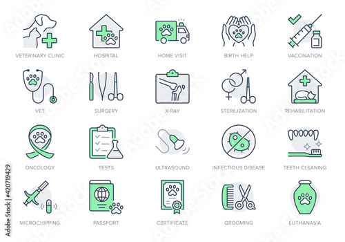 Veterinary line icons. Vector illustration include icon - stethoscope, grooming, , xray, ultrasound, vaccination, sterilization outline pictogram for vet clinic. Green Color, Editable Stroke