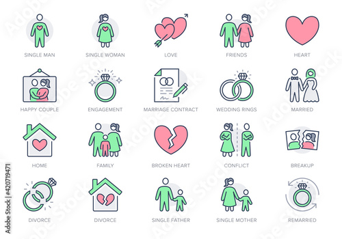 Relationship status line icons. Vector illustration include icon - husband, , wife, marriage, rings, divorce, wedding outline pictogram for marital condition. Green and Red Color, Editable Stroke