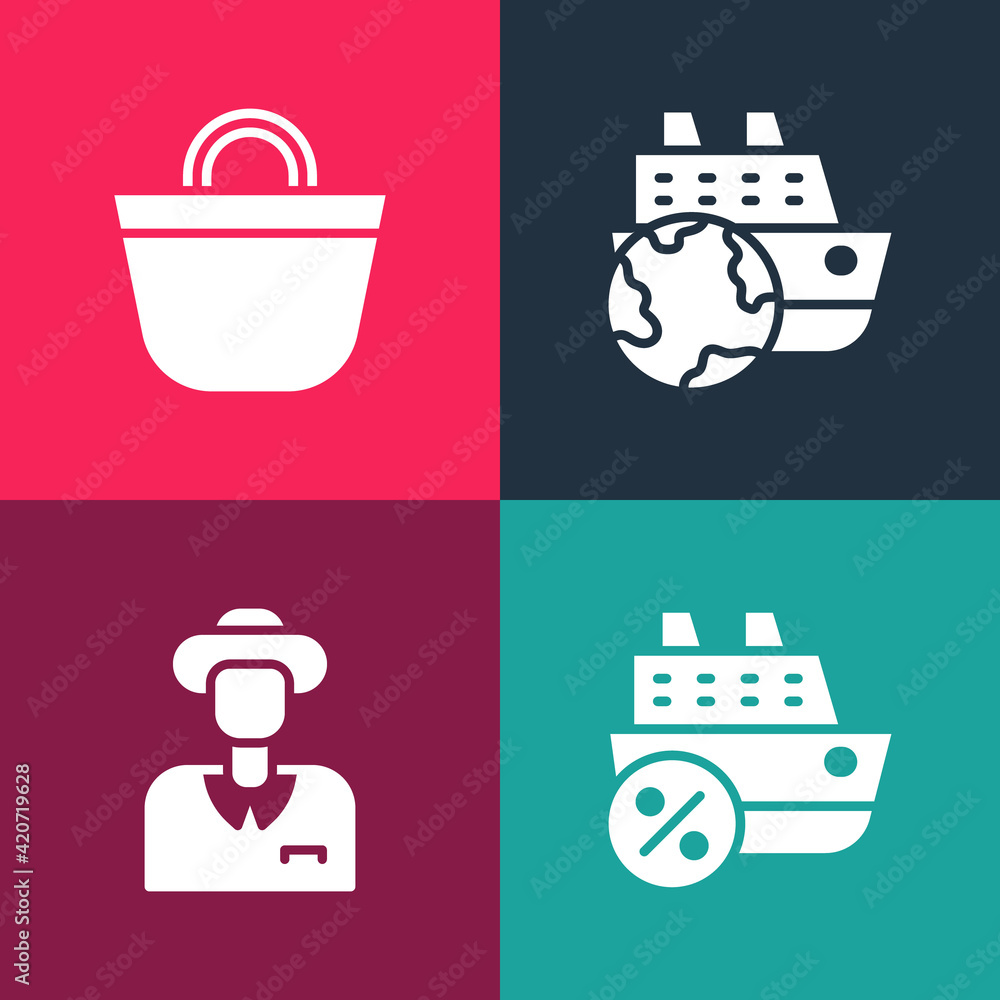 Set pop art Cruise ship, Tourist, and Beach bag icon. Vector Set pop art Cruise ship, Tourist, and Beach bag icon. Vector