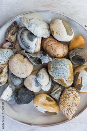 Blue themed beach pebbles and stones
