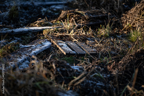  wooden pallet in winter grass with frozen dew