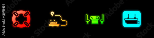 Set Lifebuoy, Ship line path, Poker table and Lifeboat icon. Vector