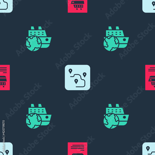 Set Cruise ship, Route location and on seamless pattern. Vector