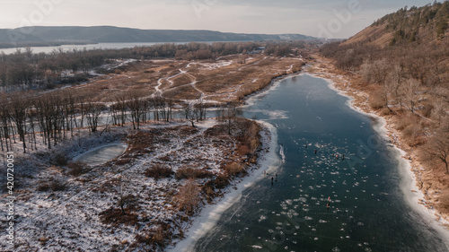 Frozen river, scenic november landscape