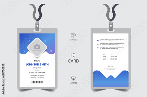 Office identity card and Blank plastic access card, name tag holder with pin ribbon, personal security badge, press event pass vector template