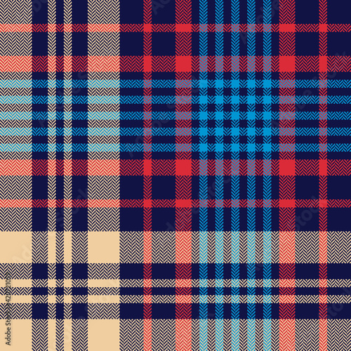 Tartan plaid pattern in navy blue, red, beige. Dark bright herringbone large textured seamless check plaid graphic background for blanket, duvet cover, other trendy spring autumn winter textile print.