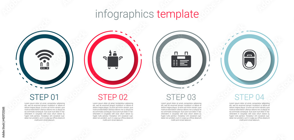 Set Router and wi-fi signal, Trolley for food, Airport board and Airplane window. Business infographic template. Vector Set Router and wi-fi signal, Trolley for food, Airport board and Airplane window. Business infographic template. Vector