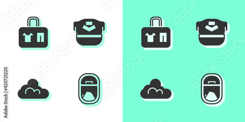Set Airplane window, Suitcase, Cloud weather and Pilot hat icon. Vector