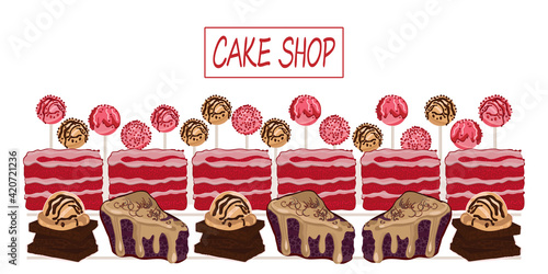 Illustration of sweet desserts, pies and sweets on the showcase - a banner for a cake shop. Vector in flat style.