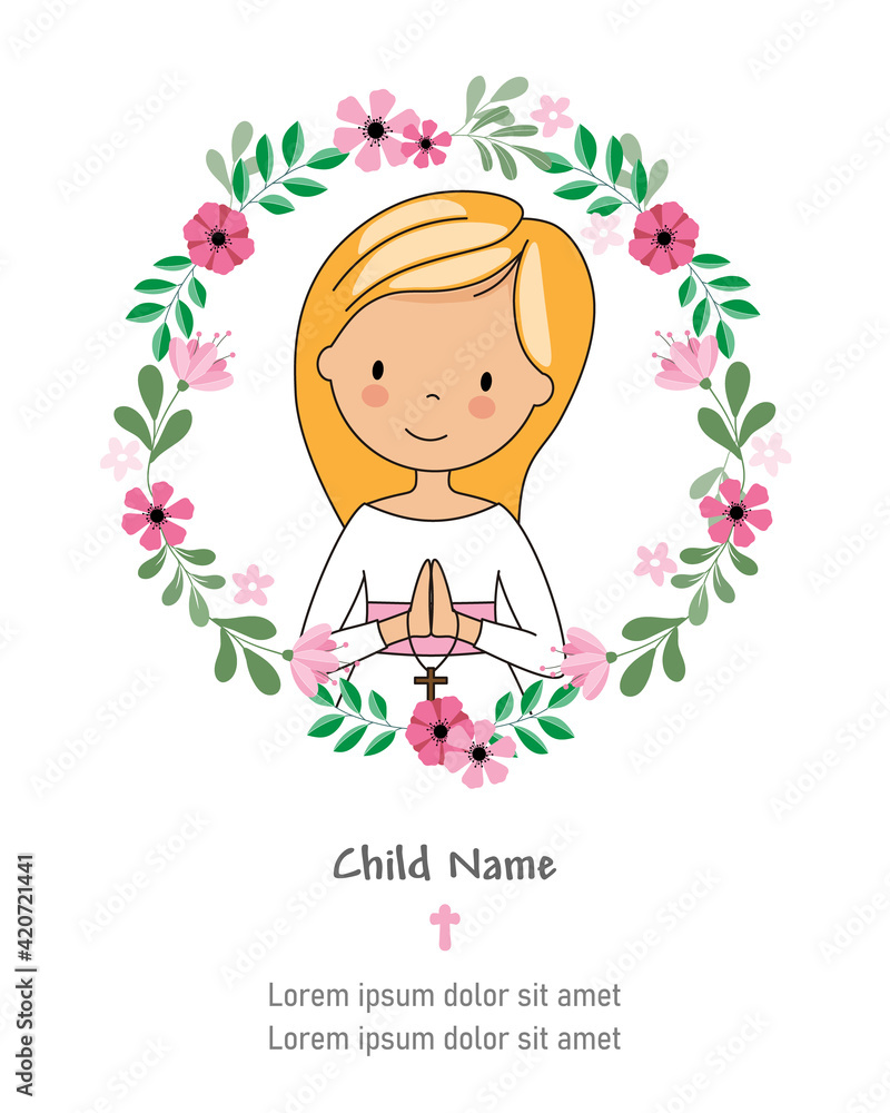 My first communion girl card. Girl praying inside a flower frame. Isolated vector My first communion girl card. Girl praying inside a flower frame. Isolated vector