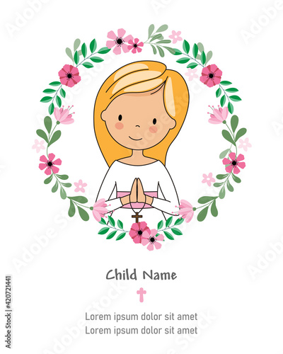 My first communion girl card. Girl praying inside a flower frame. Isolated vector