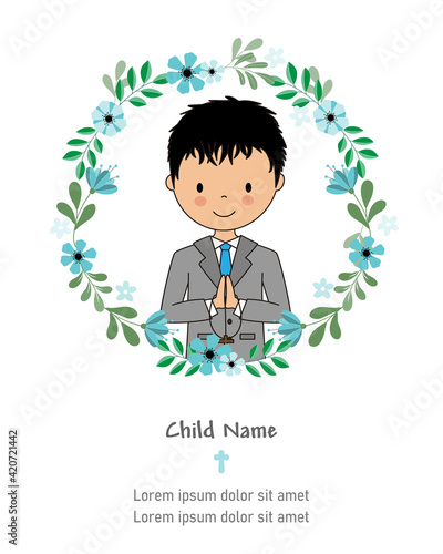 My first communion boy card. Boy praying inside a flower frame. Isolated vector