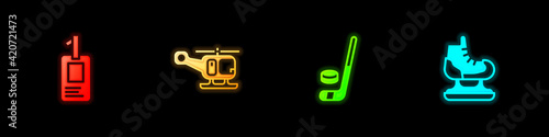 Set Identification badge, Rescue helicopter, Ice hockey stick and puck and Skates icon. Vector