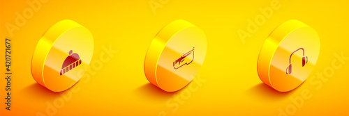 Set Isometric Winter hat, Biathlon rifle and headphones icon. Vector