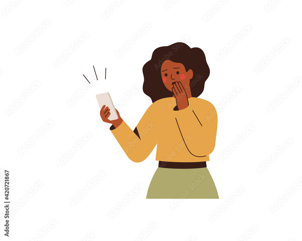 Shocked Black woman looks at mobile phone with fear and anxiety. African American girl looks at her smartphone with amazing expression. Business character vector illustration Shocked Black woman looks at mobile phone with fear and anxiety. African American girl looks at her smartphone with amazing expression. Business character vector illustration