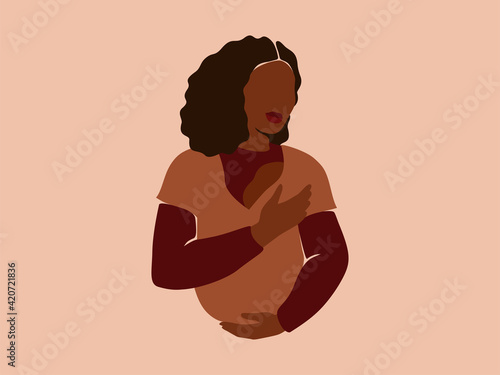 Abstract mother holds her Newborn Baby in Sling with love and care. African American woman and her infant child together. Happy Mother's Day concept. Paper cut vector illustration