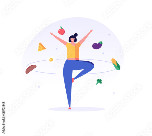 Woman doing yoga on the street. Сoncept of fitness marathon, proper nutrition, healthy food, weight management, beautiful body, vegetables, slimming. Vector illustration in flat design